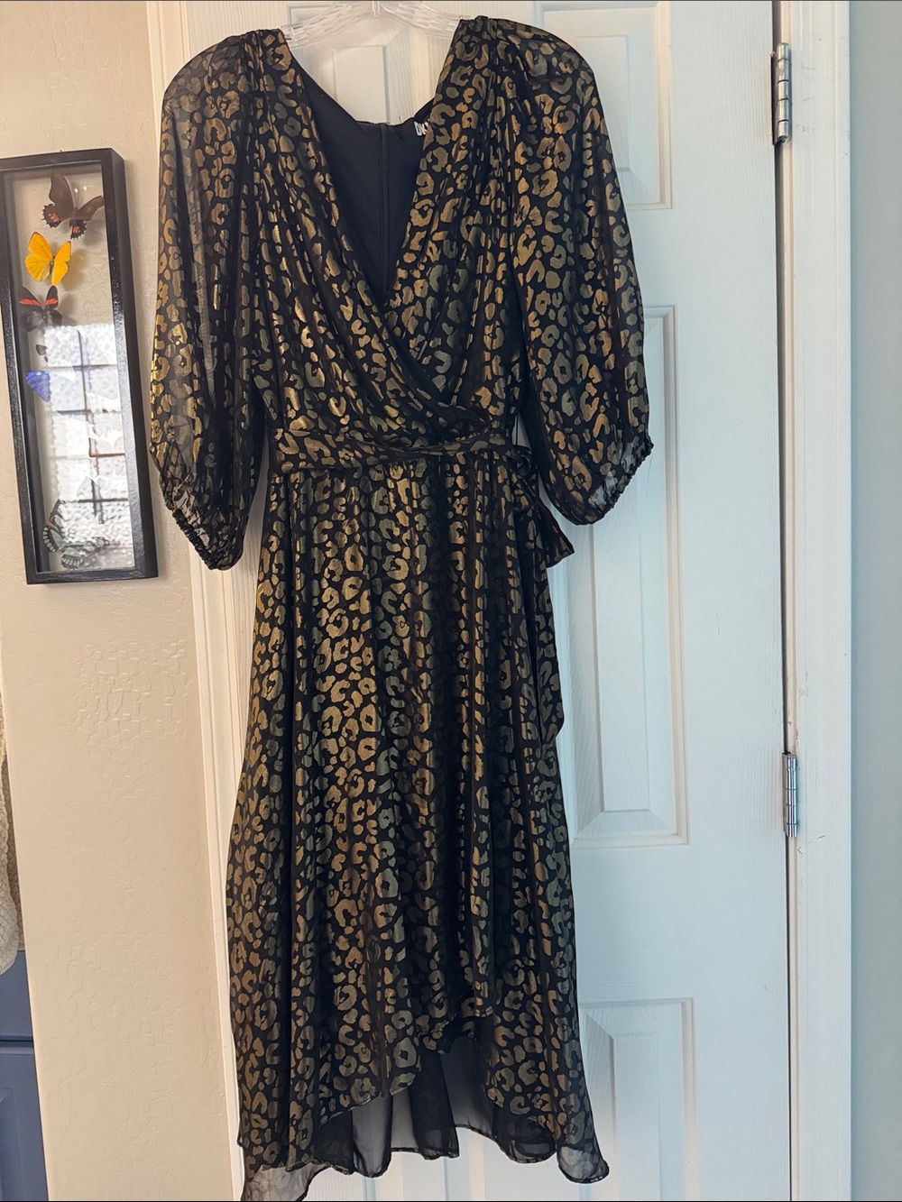 NWT DKNY Black and Gold Leopard Print High-Low Cocktail Evening Wrap Dress Gown